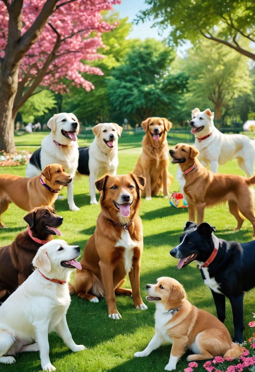 A heartwarming scene of dogs of various breeds joyfully interacting in a lush green park, with owners smiling and bonding over their pets. Colorful dog toys scattered and a backdrop of gentle trees and blooming flowers illustrate community care. Sunlight filters through, creating a warm, inviting atmosphere. super-realistic. vibrant colors. 3D.