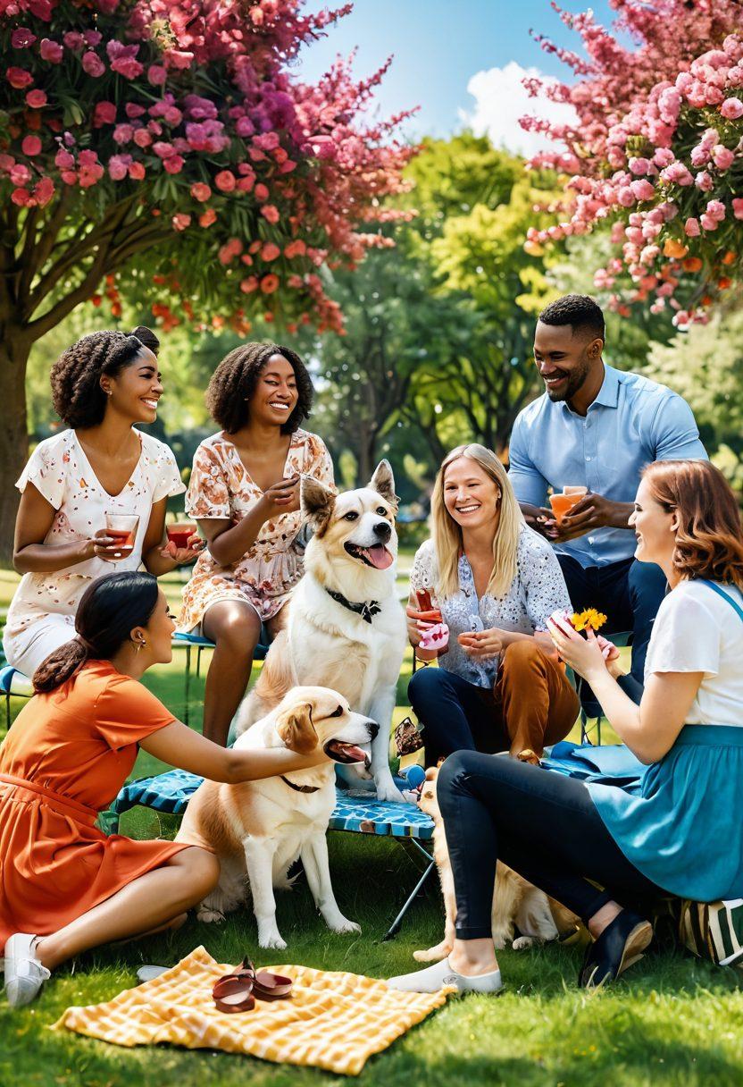 A heartwarming scene of a diverse group of people bonding with their dogs in a vibrant park, showcasing various breeds playfully interacting. Include colorful dog accessories, a picnic setup, and a backdrop of blooming flowers with a playful atmosphere. Emphasize love and companionship through warm smiles and laughter. super-realistic. vibrant colors. sunny day.